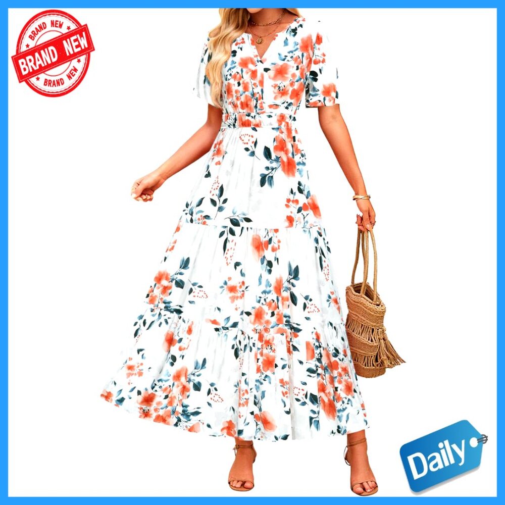 Boho Floral Maxi Dress V Neck Tiered Flowy Summer Casual Elegant